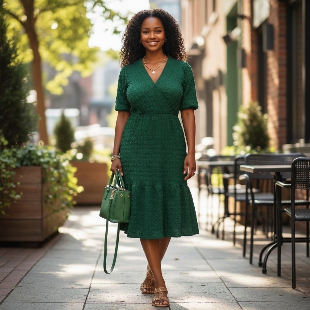 Ninety Deep Green Textured Midi Dress NWOT